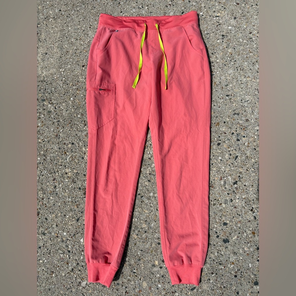 Figs Coral Track Pants with Yellow Drawstring